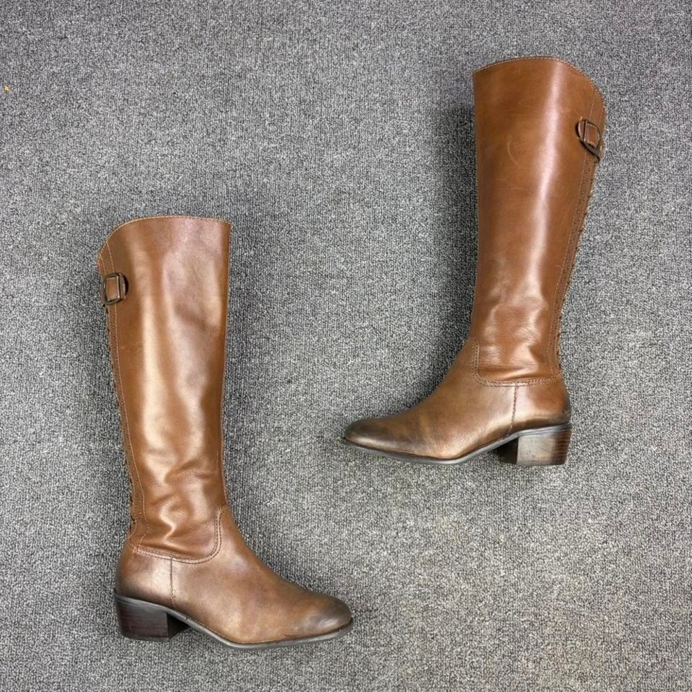 Arturo Chiang Brown Leather High Pull On Buckle Strap Tall Campus Riding Boots
